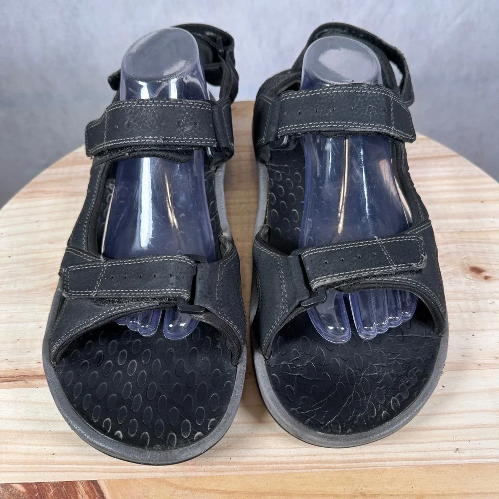 Vionic Bryce Sandals Mens 14 Black Good Leather Triple Strap Orthotic Walking
